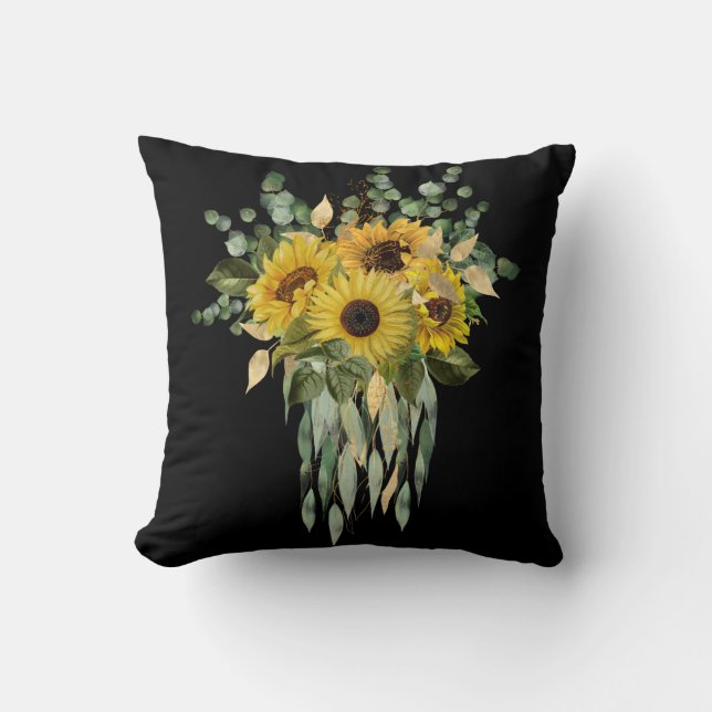 YELLOW SUNFLOWER EUCALYPTUS CUSHION BLACK (Front)