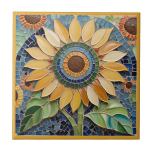 Yellow Sunflower Faux Mosaic Blue Green Ceramic Tile