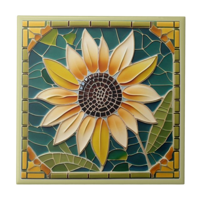 Yellow Sunflower Faux Mosaic Green Ceramic Tile (Front)