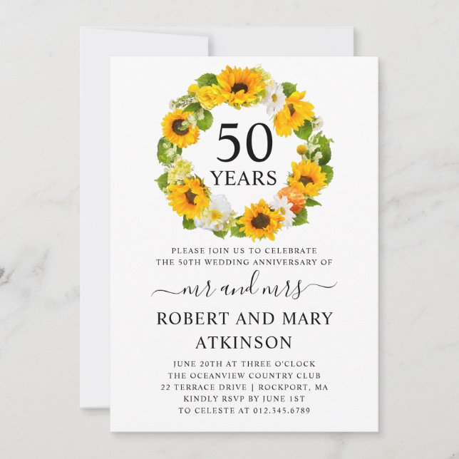 Yellow Sunflower Floral 50th Wedding Anniversary Invitation (Front)