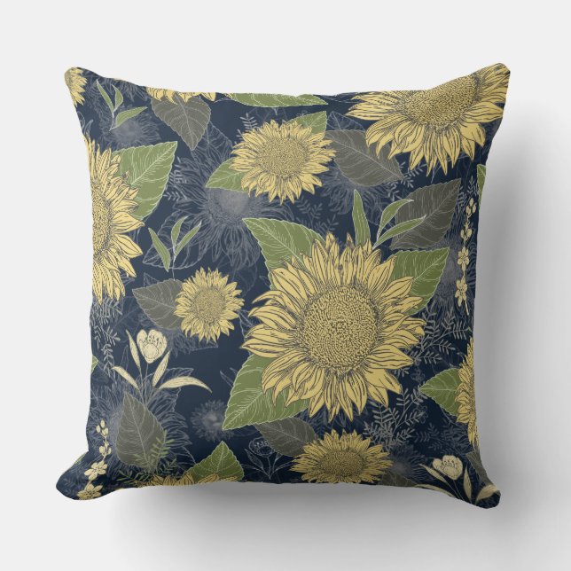 Yellow Sunflower Floral Navy Blue Throw Pillow (Front)