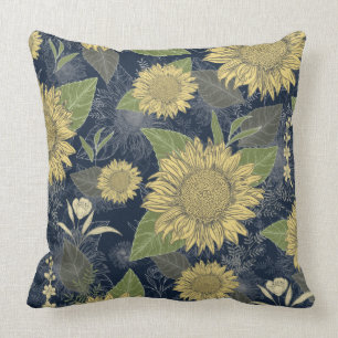 Yellow Sunflower Floral Navy Blue Throw Pillow
