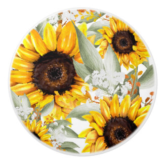 Yellow Sunflower Floral Rustic Fall Flower Ceramic Knob