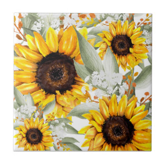 Yellow Sunflower Floral Rustic Fall Flower Ceramic Tile