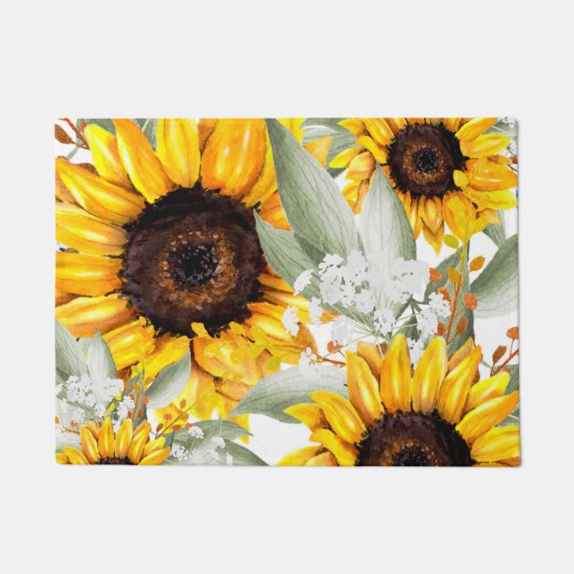 Yellow Sunflower Floral Rustic Fall Flower Doormat (Front)