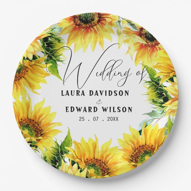 Yellow sunflower floral vibrant spring bouquet paper plate (Front)