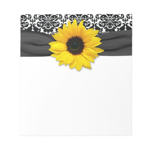 Yellow Sunflower Flower Black White Damask Floral Notepad (Front)