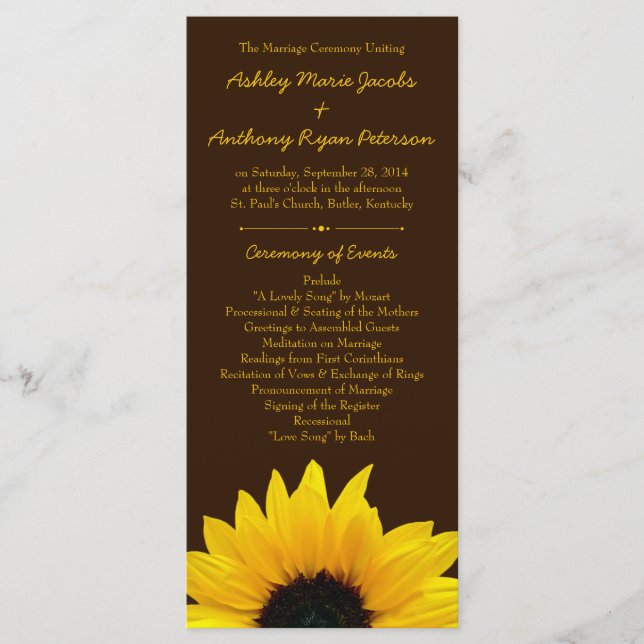 Yellow Sunflower Flower Brown Wedding Program (Front)