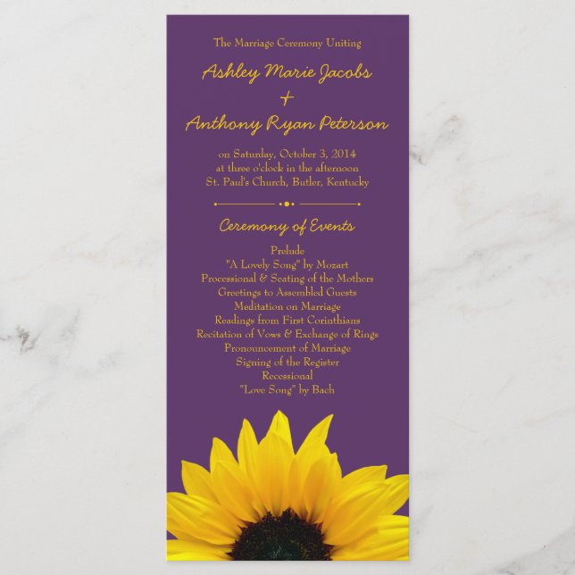 Yellow Sunflower Flower Purple Wedding Program (Front)