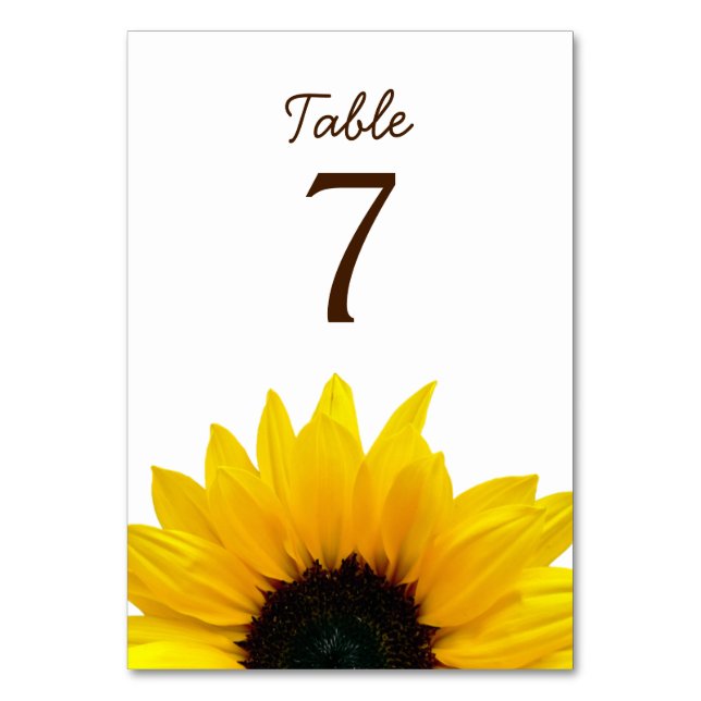 Yellow Sunflower Flower White Brown Wedding Table Number (Front)