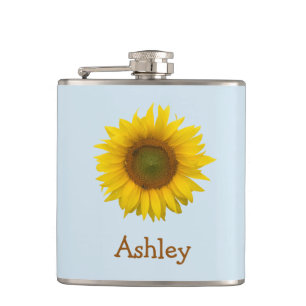 Yellow Sunflower Girly Floral Blue Hip Flask
