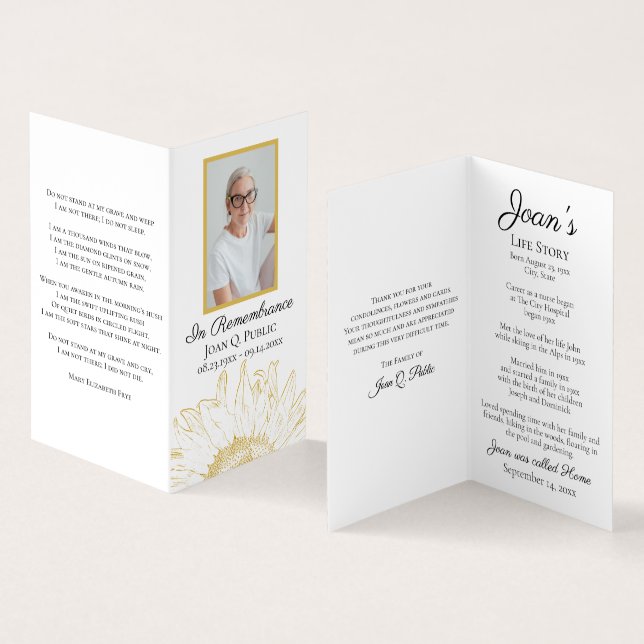 Yellow Sunflower Graphic Funeral Memorial Prayer Business Card (Inside and Outside)