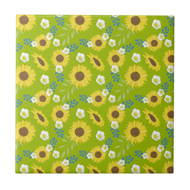 Yellow Sunflower Green Background Flower Floral Ceramic Tile (Front)