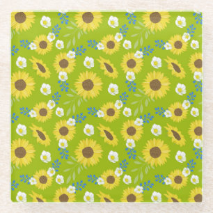 Yellow Sunflower Green Background Flower Floral Glass Coaster