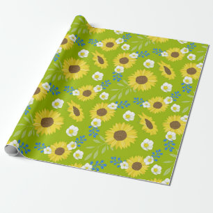 Yellow Sunflower Green Background Flower Floral Wrapping Paper