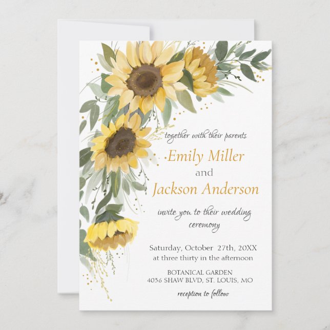 Yellow Sunflower Greenery Wedding Invitation (Front)