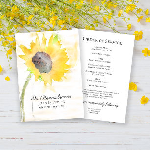 Yellow Sunflower in Vase Funeral Memorial Service Program