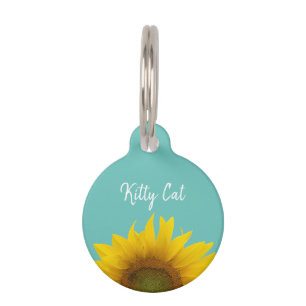 Yellow Sunflower Kitty Cat Typography Trendy Teal Pet Tag