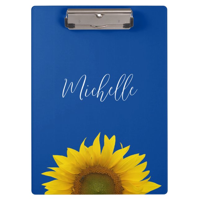 Yellow Sunflower Monogram Elegant Blue Clipboard (Front)