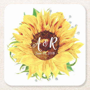 Yellow Sunflower Monogram Wedding Square Paper Coaster