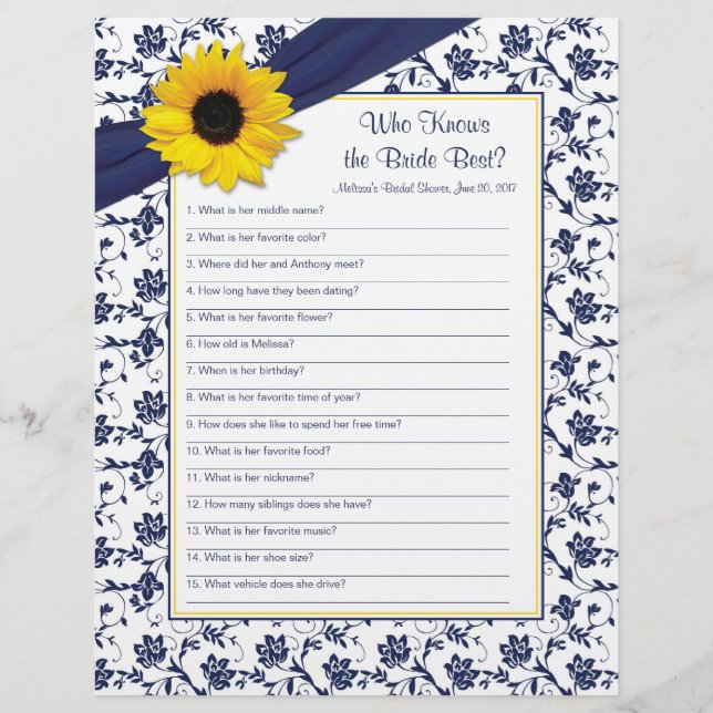 Yellow Sunflower Navy Blue Bridal Shower Game (Front)