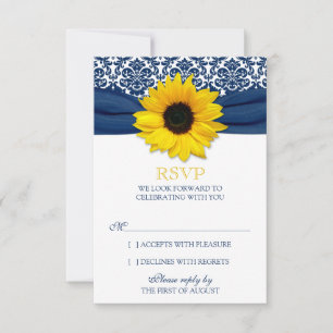 Yellow Sunflower Navy Damask Ribbon Wedding RSVP Card