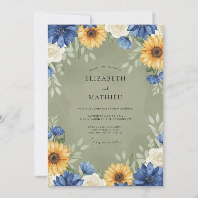 Yellow Sunflower Olive Eucalyptus Wedding Invitation (Front)
