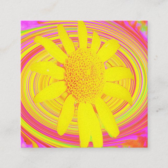 Yellow Sunflower on a Psychedelic Swirl Square Business Card (Front)