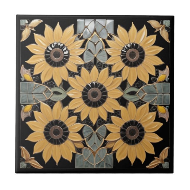 Yellow Sunflower on Black Art Deco inspired Ceramic Tile (Front)