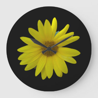 Yellow Sunflower on black background Large Clock