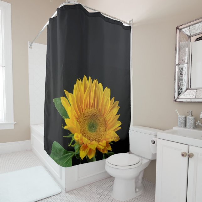 Yellow Sunflower on Black Background Shower Curtai Shower Curtain (In Situ)