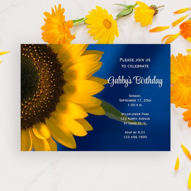 Yellow Sunflower on Blue Birthday Party Invitation (Creator Uploaded)