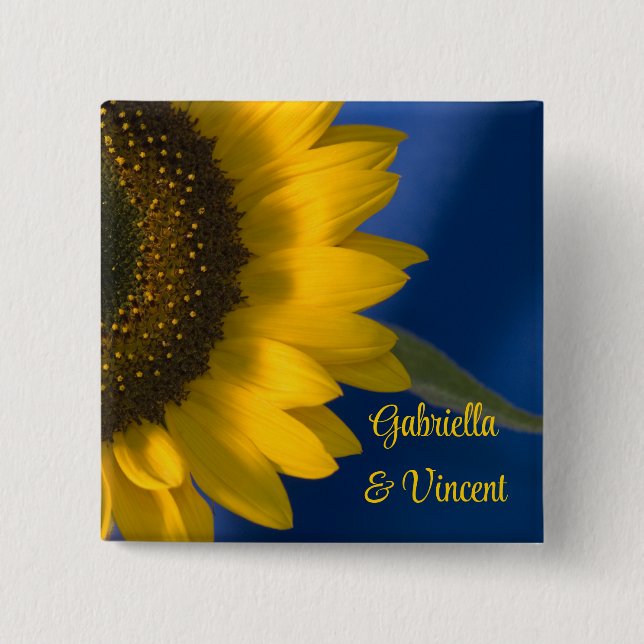 Yellow Sunflower on Blue Wedding 15 Cm Square Badge (Front)
