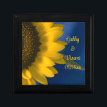 Yellow Sunflower on Blue Wedding Gift Box<br><div class="desc">Customise the pretty Yellow Sunflower on Blue Wedding Photo Gift Box with the personal names of the bride and groom and summer or fall marriage ceremony date. Create a personalised keepsake gift for the newlyweds or a thank you gift for your wedding attendants, bridesmaids and bridal party. This beautiful custom...</div>