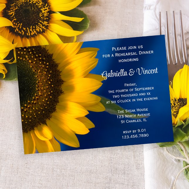 Yellow Sunflower on Blue Wedding Rehearsal Dinner Invitation (Creator Uploaded)
