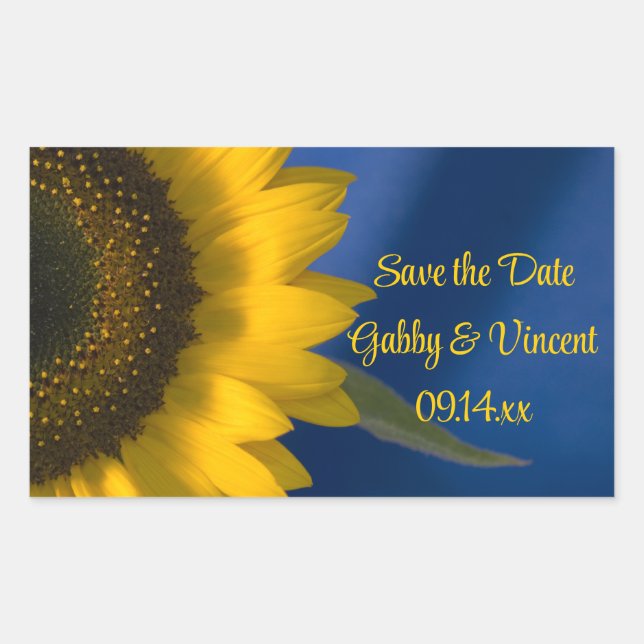 Yellow Sunflower on Blue Wedding Save the Date Rectangular Sticker (Front)