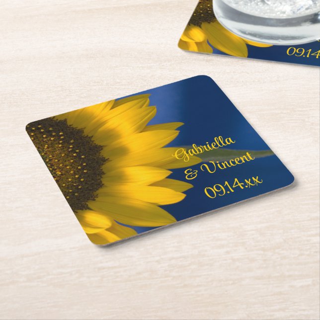 Yellow Sunflower on Blue Wedding Square Paper Coaster (Angled)
