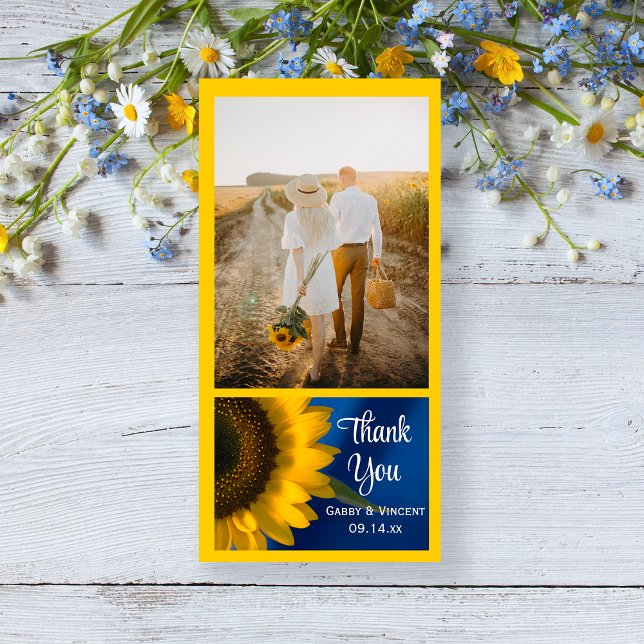 Yellow Sunflower on Blue Wedding Thank You Photo Card (Creator Uploaded)