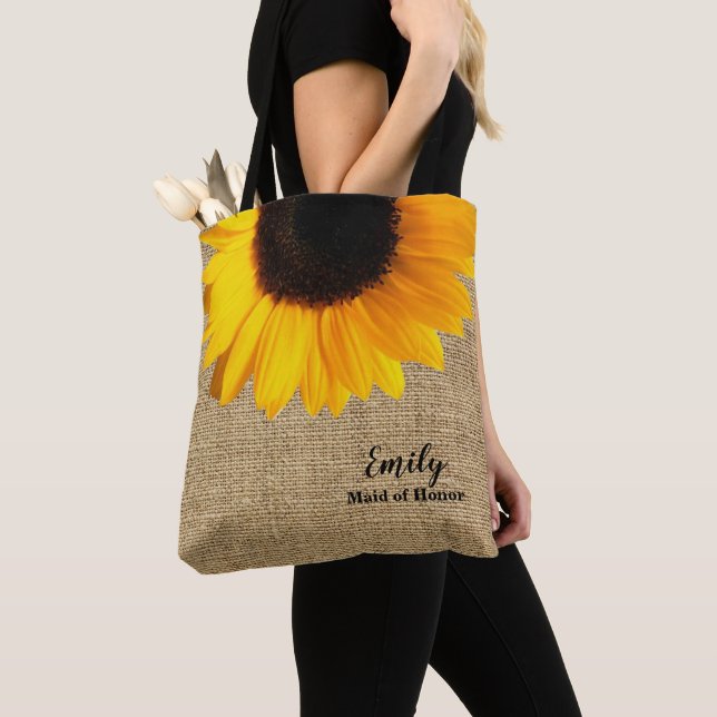 Yellow Sunflower on Burlap Wedding Party Tote Bag (Close Up)