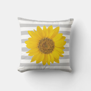 Yellow Sunflower on White and Grey Stripes Cushion