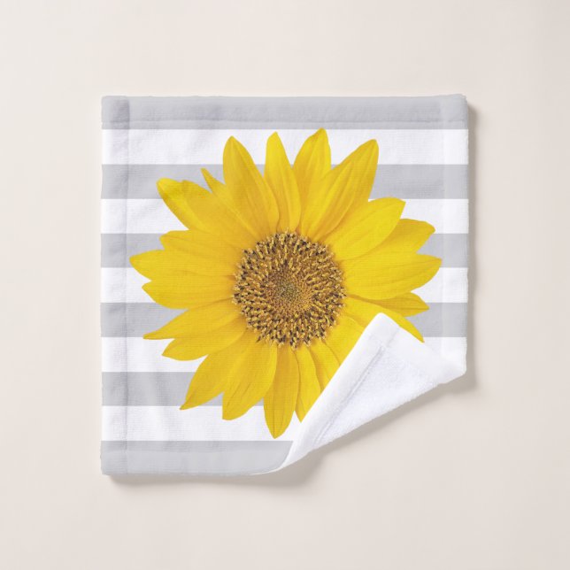 Yellow Sunflower on White and Grey Stripes Wash Cloth (Wash Cloth)