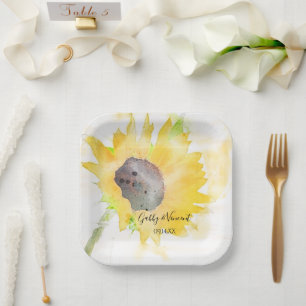 Yellow Sunflower on White Watercolor Wedding Paper Plate
