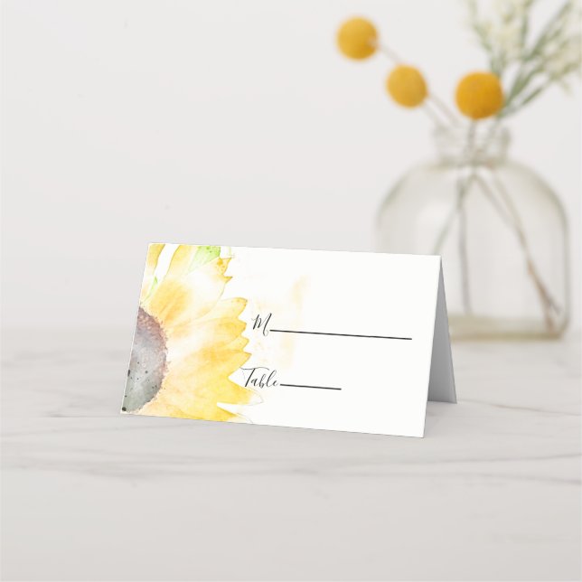 Yellow Sunflower on White Watercolor Wedding Place Card (Front)