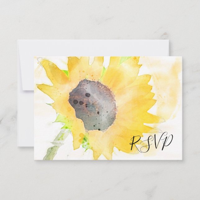 Yellow Sunflower on White Watercolor Wedding RSVP Card (Front)