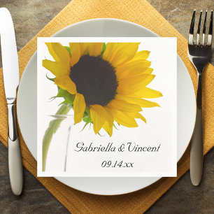 Yellow Sunflower on White Wedding Napkin