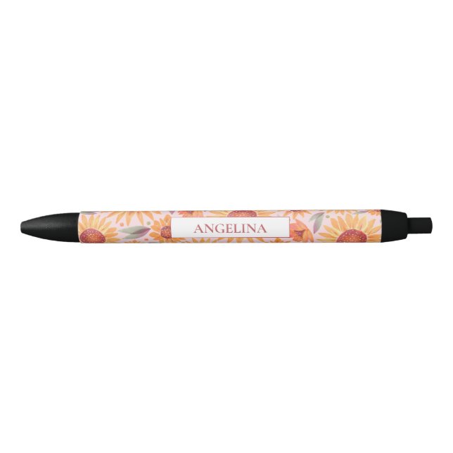 Yellow Sunflower Pattern Blush Pink Personalised Black Ink Pen (Front)