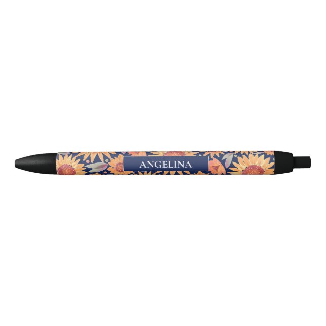 Yellow Sunflower Pattern Navy Blue Personalised  Black Ink Pen (Front)