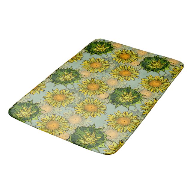 Yellow Sunflower Pattern on Teal Background  Bath Mat (Angled)