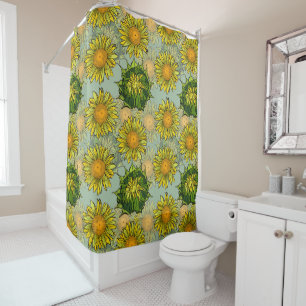 Yellow Sunflower Pattern on Teal Background  Shower Curtain