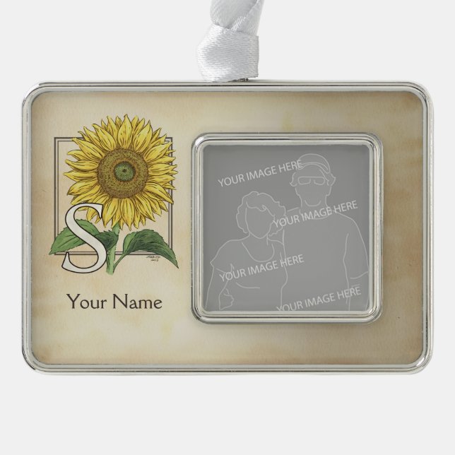 Yellow Sunflower Personalised Monogram Silver Plated Framed Ornament (Front)